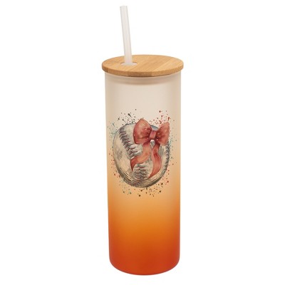 Elanze Designs 25 Ounce Frosted Glass Gradient Travel Tumbler With Straw and Wooden Lid, Baseball With Pink Bow
