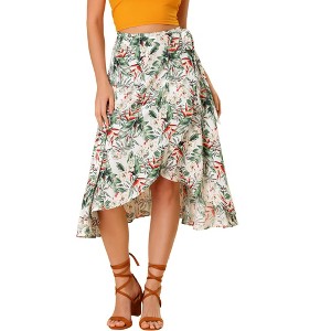 Allegra K Women's Tie Waist Hawaiian Tropical Floral Wrap Midi Skirt - 1 of 4