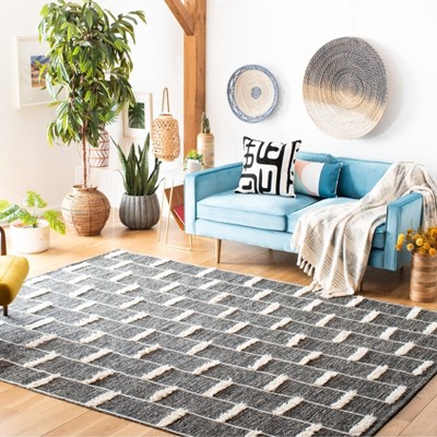Handmade Black and Ivory Wool Cotton Striped Area Rug 8' x 10'