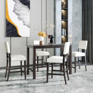 5-Piece Rectangular Counter Height Dining Set with 4 Beige Upholstered Chairs, Compact Dining Furniture for Small Spaces–The Pop Home - 1 of 4