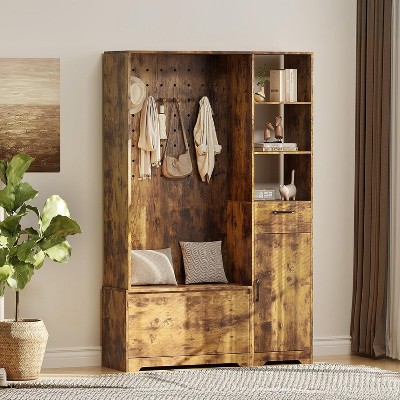 VINGLI Hall Tree with Bench and Shoe Storage,Coat Entryway with Peg Board&Hooks, 6-in-1 Large Coat Rack with Shoe Storage, 73" Tall Rustic Brown