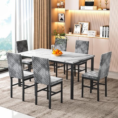 Hooseng 7-Piece Dining Room Table and Chairs Set for 6, Modern Kitchen Table Set with Faux Marble & Metal Frame & 6 Velvet Chairs
