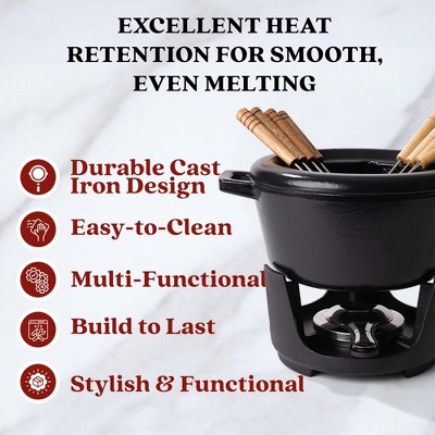 Black Enameled Cast Iron Fondue Pot with Bronze Knob