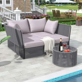 2-piece Woven Rope Patio Conversation Sets, Outdoor Sunbed and Coffee Table Set - Maison Boucle