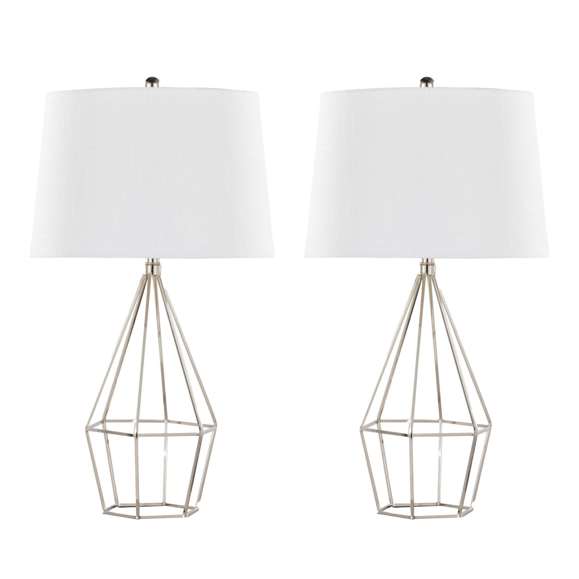 LumiSource Set of 2 Geome 27" Contemporary Metal Table Lamp in Polished Nickel with White Linen Shade from Grandview Gallery