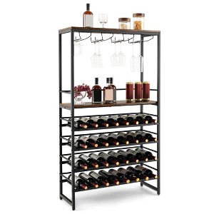 Tangkula 32 Bottles Wine Rack Rustic Wine Storage Holder Freestanding W/ Glass Holder - 1 of 4