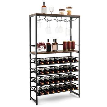 Tangkula 32 Bottles Wine Rack Rustic Wine Storage Holder Freestanding W/ Glass Holder
