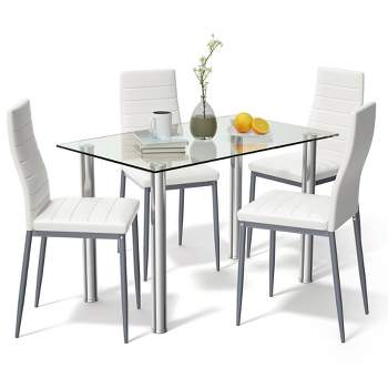 Costway 5 Piece Dining Set Table 29.6'' and 4 Chairs Glass Metal Kitchen Breakfast Furniture White