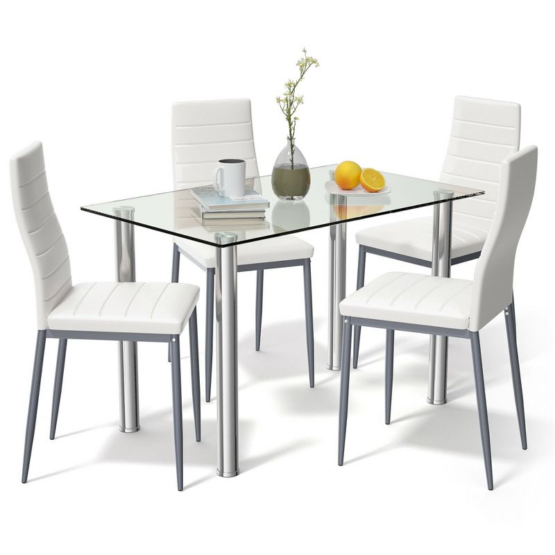 Costway 5 Piece Dining Set Table 29.6'' and 4 Chairs Glass Metal Kitchen Breakfast Furniture White, 1 of 9