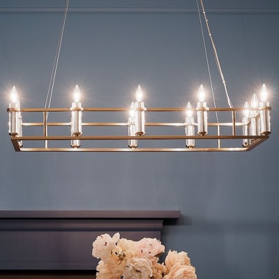 Rosalind Brushed Brass 12-Light Linear Chandelier with Polished Nickel Finish