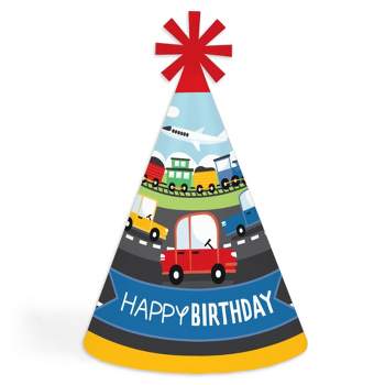 Big Dot of Happiness Cars, Trains, and Airplanes - Cone Happy Birthday Party Hats for Kids and Adults - Set of 8 (Standard Size)