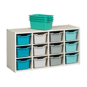 ECR4Kids Streamline 12 Cubby Tray Cabinet with 15 Scoop Front Storage Bins, 3x4, White Wash - 1 of 4