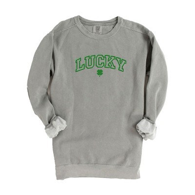 Simply Sage Market Women's  Garment Dyed Graphic Sweatshirt Embroidered Lucky Varsity Clover St. Patrick's Day