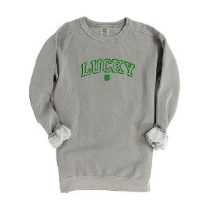 Simply Sage Market Women's  Garment Dyed Graphic Sweatshirt Embroidered Lucky Varsity Clover St. Patrick's Day - 1 of 3