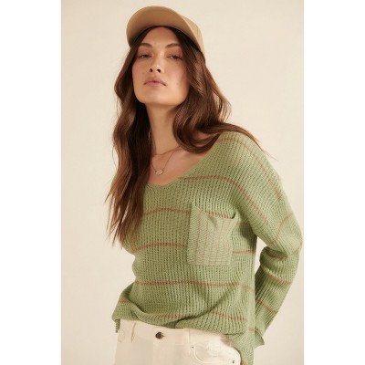 Slickblue Women's Striped Rib-Knit Oversized Sweater, Scoop Neck with Pocket and Side Slits, Sage, Size S-L