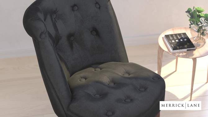 Merrick Lane Accent Side Chair with Curved Back and Rounded Seat Black Fabric Button Tufted Chair with Mahogany Finished Wood Legs, 2 of 11, play video