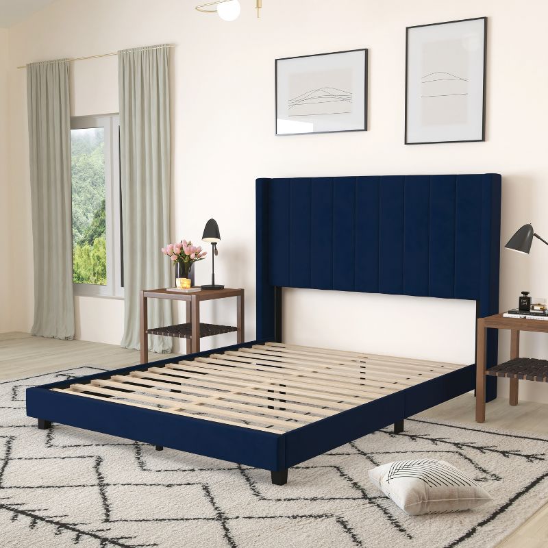 Merrick Lane Modern Upholstered Platform Bed Frame with Padded, Tufted Wingback Headboard and Wood Support Slats, No Box Spring Required, 5 of 13
