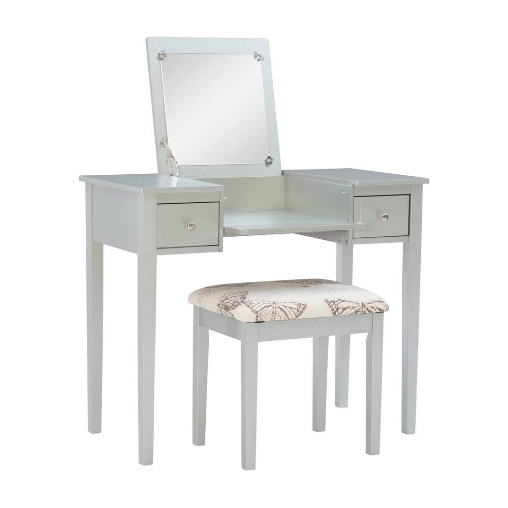 Traditional Wood Flip Up Mirror Drop Drawer Butterfly Vanity and Stool Silver - Linon