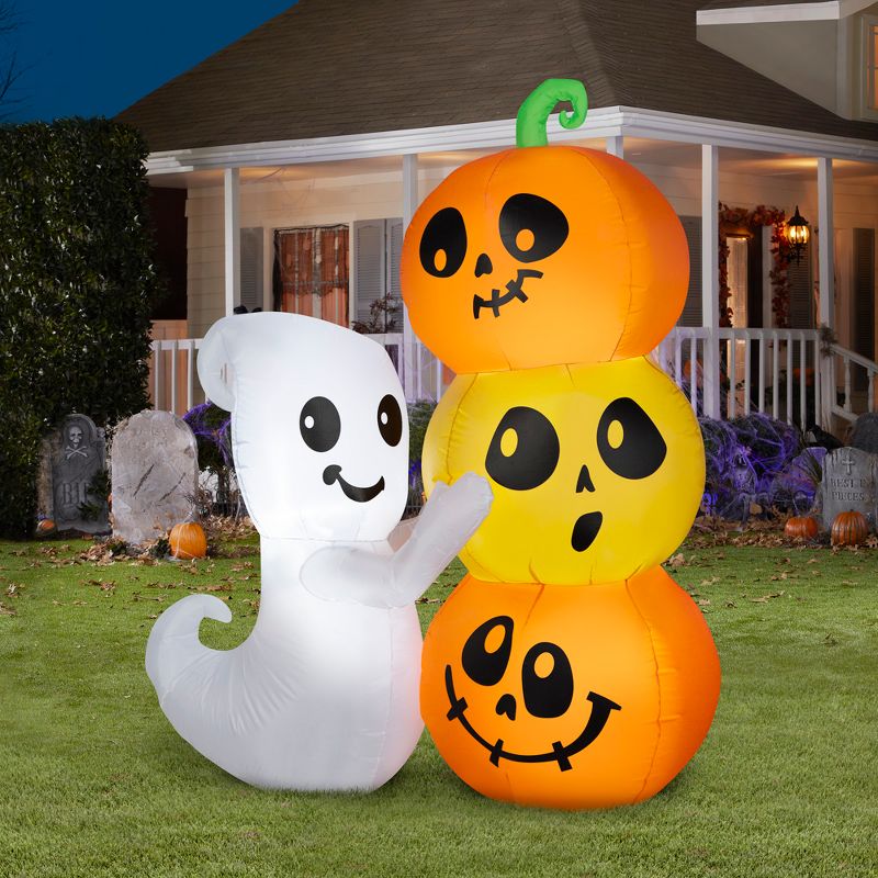 Gemmy Airblown Inflatable Ghost w/Pumpkin Stack Scene, 5 ft Tall, Multi, 2 of 5