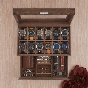 Elegant 12-Slot Watch Box, Lockable Case with Glass Lid, 2 Layers, 1 Drawer for Rings, Bracelets - Gift Idea in Synthetic Leather - 1 of 4