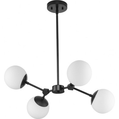 Progress Lighting Haas 4-Light Chandelier, Matte Black, Etched Opal Glass, Design Series, Modern, Contemporary, Mid-Century