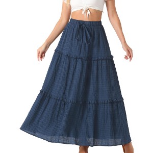 Allegra K Women's High Waist Tiered Belt Ruffle Lattice Texture Casual A Line Maxi Skirt - 1 of 4
