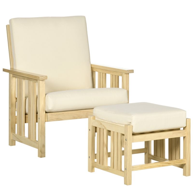 Outsunny Patio Furniture Set, Wood Outdoor Patio Chair with Ottoman, 2 Piece Cushioned Outdoor Lounge Chair, Sofa Chair with Footrest, Beige, 4 of 7