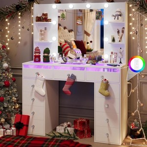 Petrimins Makeup Vanity Desk with Mirror and Tempered Glass Top, 3-Color LED Lights Makeup Table with Power Outlet and 11 Larger Drawers - 1 of 4