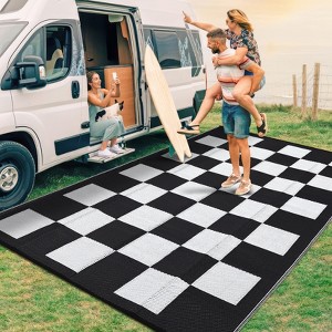 Outdoor Geometric Plaid Rug, Waterproof  Plastic Straw Rug, UV-Resistant, Foldable Checkboard Plaid Reversible Mat for Backyard, Picnic - 1 of 4