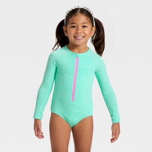 Toddler Girls' Long Sleeve One Piece Jacquard Floral Rash Guard Swimsuit - Cat & Jack™ Bright Aqua - 1 of 3