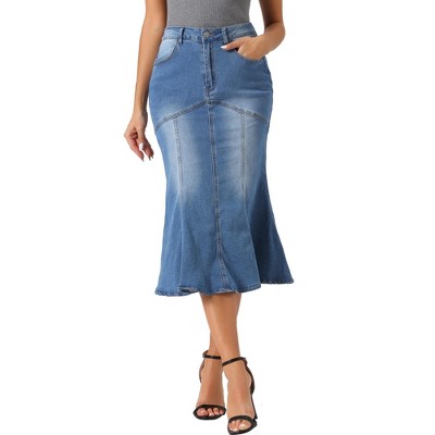 Allegra K Women's Fishtail Washed Midi Jean Bodycon Skirt