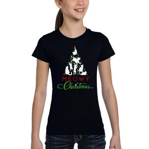 LA Pop Art Meowy Christmas Tree - Girl's Word Art T-Shirt - 1 of 4