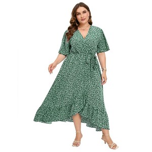 Plus Size dress Women's Plus Size Floral Summer Dress Casual Wrap V Neck A Line Ruffle Belted Dress - 1 of 4