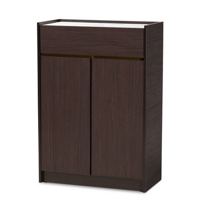 Walker Wood Shoe Cabinet with Faux Marble Top Dark Brown/Marble/Gold - Baxton Studio