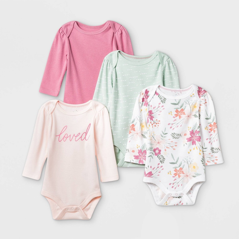 Baby Girls' 4pk Meadow Long Sleeve Bodysuit - Cloud Island Pink/Green/White 12M