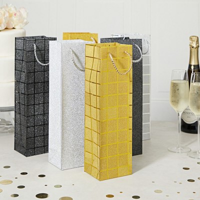 Foiled Glitter Wine Bottle Gift Bags with Rope Handles, 6 Pack