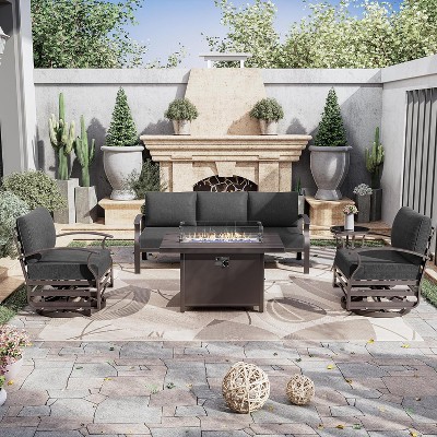 ALAULM Aluminum Patio Furniture Set 5-Seat Modern Metal Outdoor Conversation Sets w/45in Propane Fire Pit Table