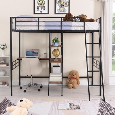 VYNXARIA Twin Size Metal Loft Bed and Built-in Desk and Shelves,Black