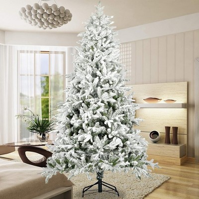 Whisen 7FT Snow Flocked Christmas Tree Artificial Hinged Pine Tree with White Realistic Tips Unlit - White