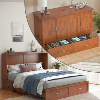 Murphy Bed Cabinet with Foldable Mattress, Queen Murphy Bed with Charging Station, Drawers