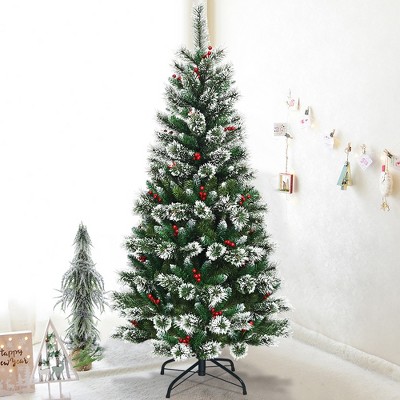 Costway 6 ft Snow Flocked Artificial Christmas Hinged Tree w/ Pine Needles & Red Berries