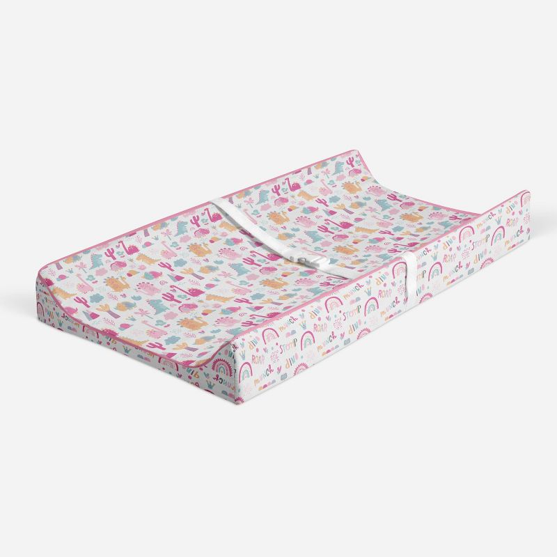 Bacati - Little Dino Girls Fucshia/Aqua Muslin Quilted Changing Pad Cover, 2 of 10