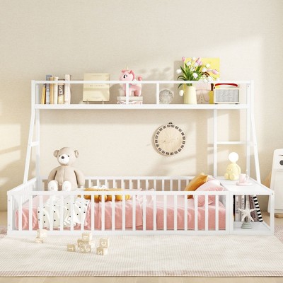 NicBex Twin/Full Size Kids Montessori Bed with Safety Fence,Floor Bed with Desk and Storage Shelves,Toddler bed for Bedroom,Off-White/Black