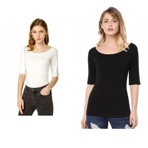Allegra K Women's Half Sleeves Scoop Neck Fitted Layering Soft T-Shirt 2 Packs - 1 of 4