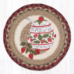 Earth Rugs Jam Jar Strawberry Round Trivet – 10" Fruit Print on Braided Natural Jute Table Mat - 1 of 3