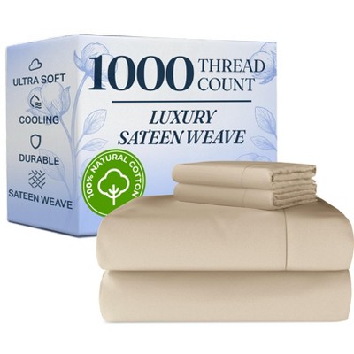 Luxury 1000 Thread Count 4 Piece Sheet Set - Soft & Premium 100% Cotton Sateen - CGK Linens