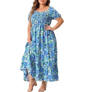 Agnes Orinda Women's Plus Size Floral Short Sleeve Shirred Square Neck Maxi Empire Waist Dresses - 1 of 4