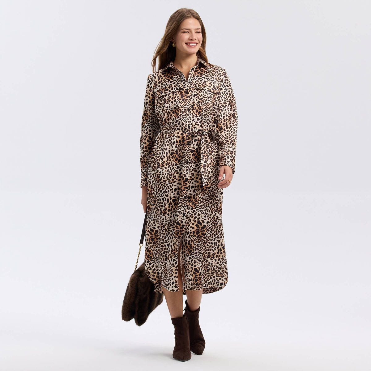 Women's Long Sleeve Belted Satin Midi Shirtdress - A New Day™ - thumbnail 3