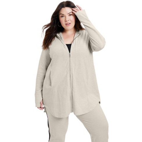 June + Vie by Roaman's Women’s Plus Size Zip-Up French Terry Hoodie, 26/28  - Heather Oatmeal