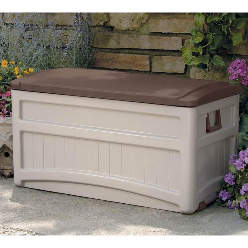 Suncast 73 Gallon Outdoor Patio Resin Deck Storage Box w/ Wheels, Taupe (2 Pack), 2 of 7